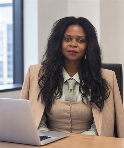 A photo of Katie Mliswa - Lawyer, sitting in front of a laptop