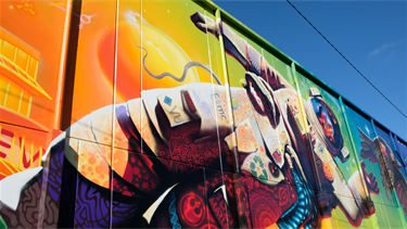 Radiant Future by Chuck Mayfield and Heesco (with Julia Both and Tayla Broekman), Footscray City Primary School (rear gym wall), 10 Hyde St Footscray, photo by Katrina Gubbins, StreetWORKS 2021