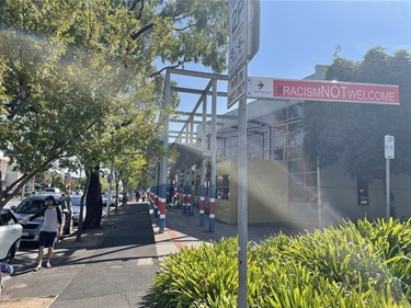 Racism Not Welcome street sign near Footscray Library in English