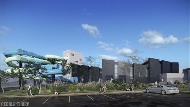 Render of the exterior of MAC with the new Splash Park and Waterslides 1