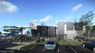 Render of the exterior of MAC with the new Splash Park and Waterslides 2