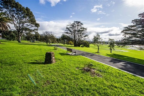 Footscray Park on a sunny day with trees, a footpath, a park bench and blue skies.