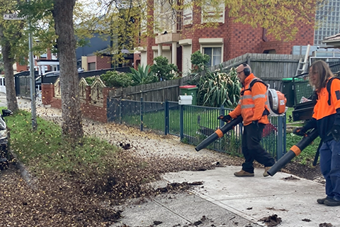 staff in hi-vis with leaf blowers clearing leafy street