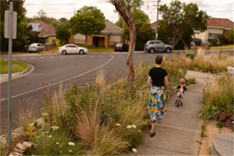 A strip of nature along a roadside with people walking beside it