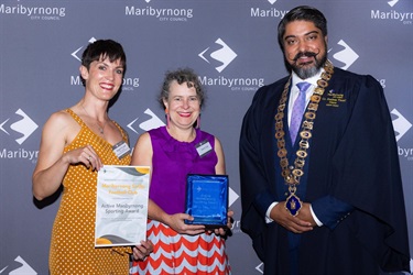 Mayor Pradeep Tiwari presenting Megan Roussel and Karen Cook on behalf of the Maribyrnong Swifts Football Club the Active Maribyrnong Sporting Award